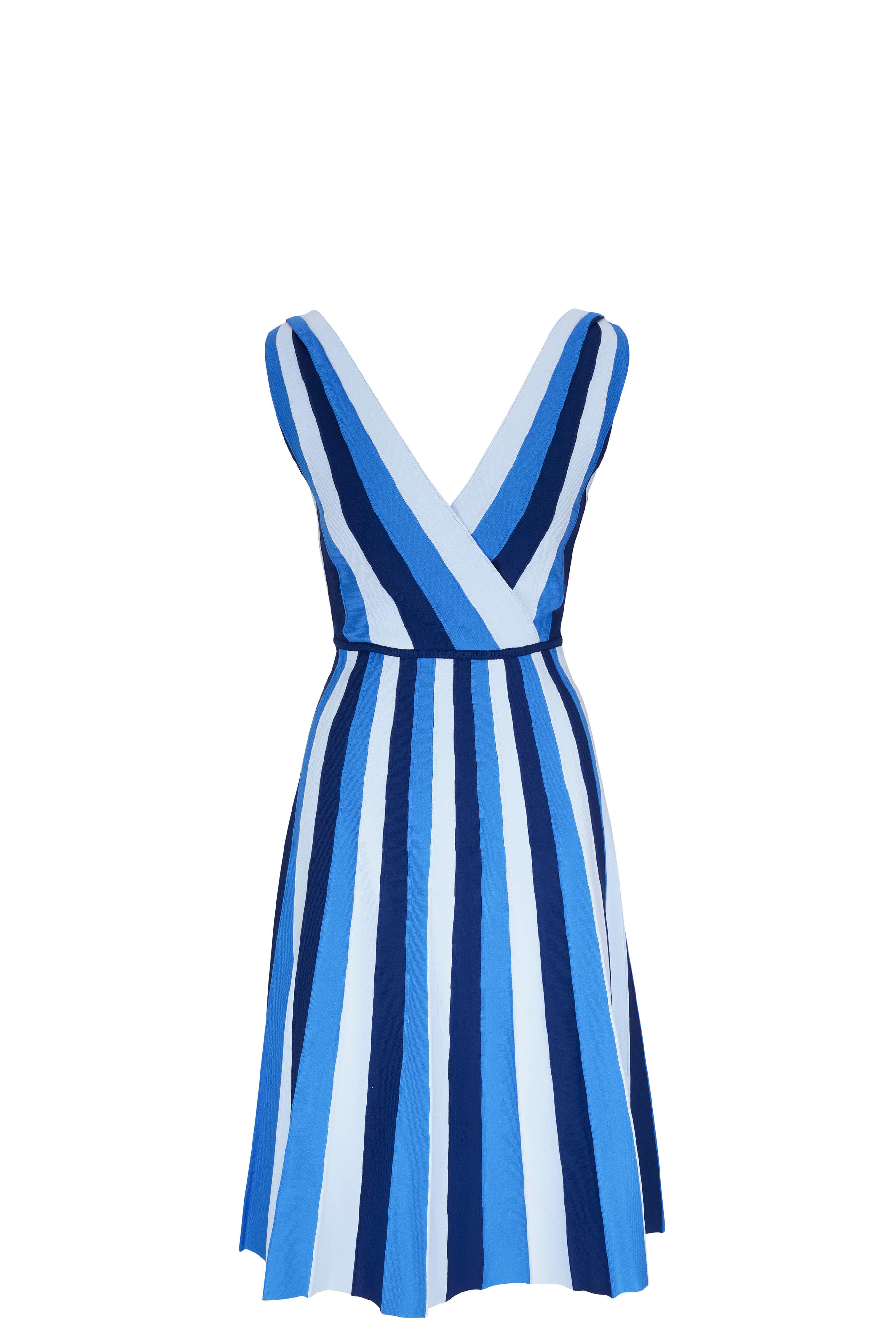 Carolina Herrera - Lupine Blue Multi Stripe Faux Wrap Knit Dress