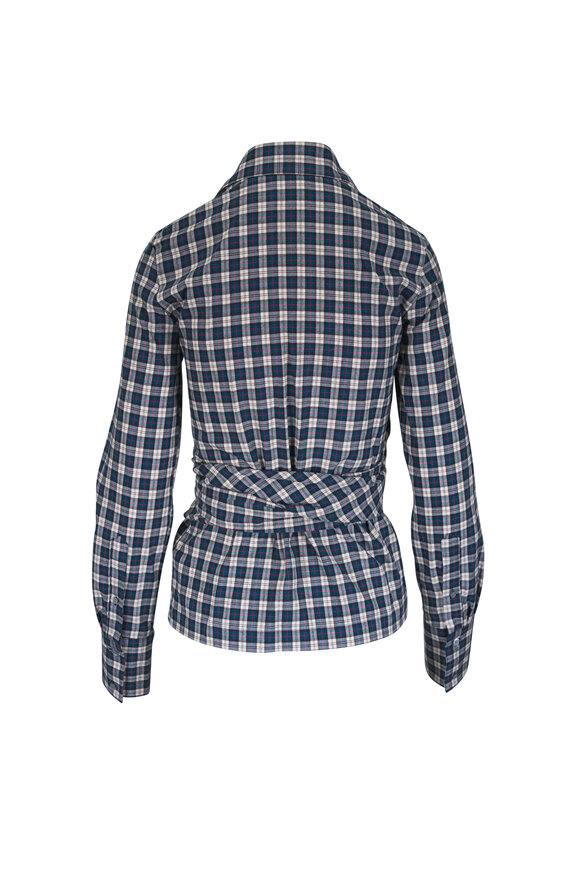 Dries Van Noten Petrol Plaid Brushed Flannel Wrap Shirt - view 3