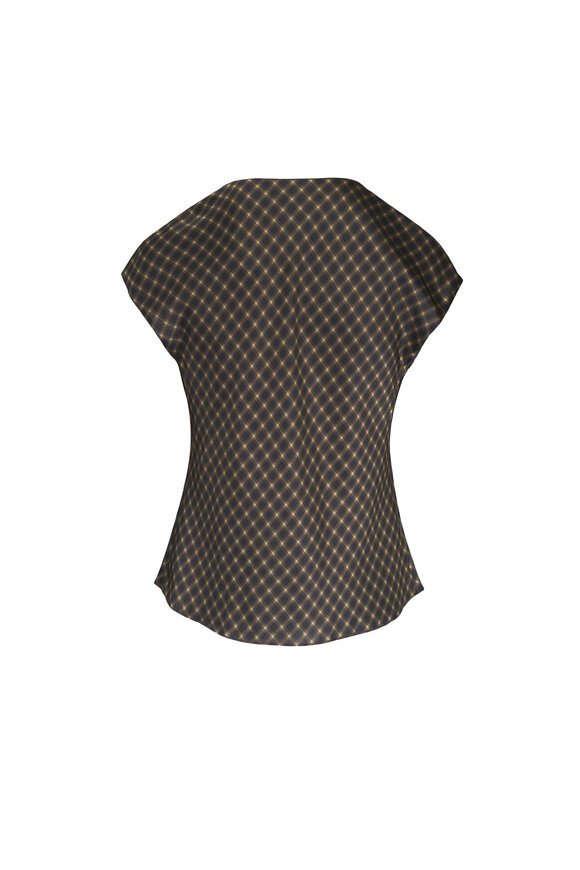 Vince Ombré Black & Camel Plaid Silk Satin Cowl-Neck Top - view 2