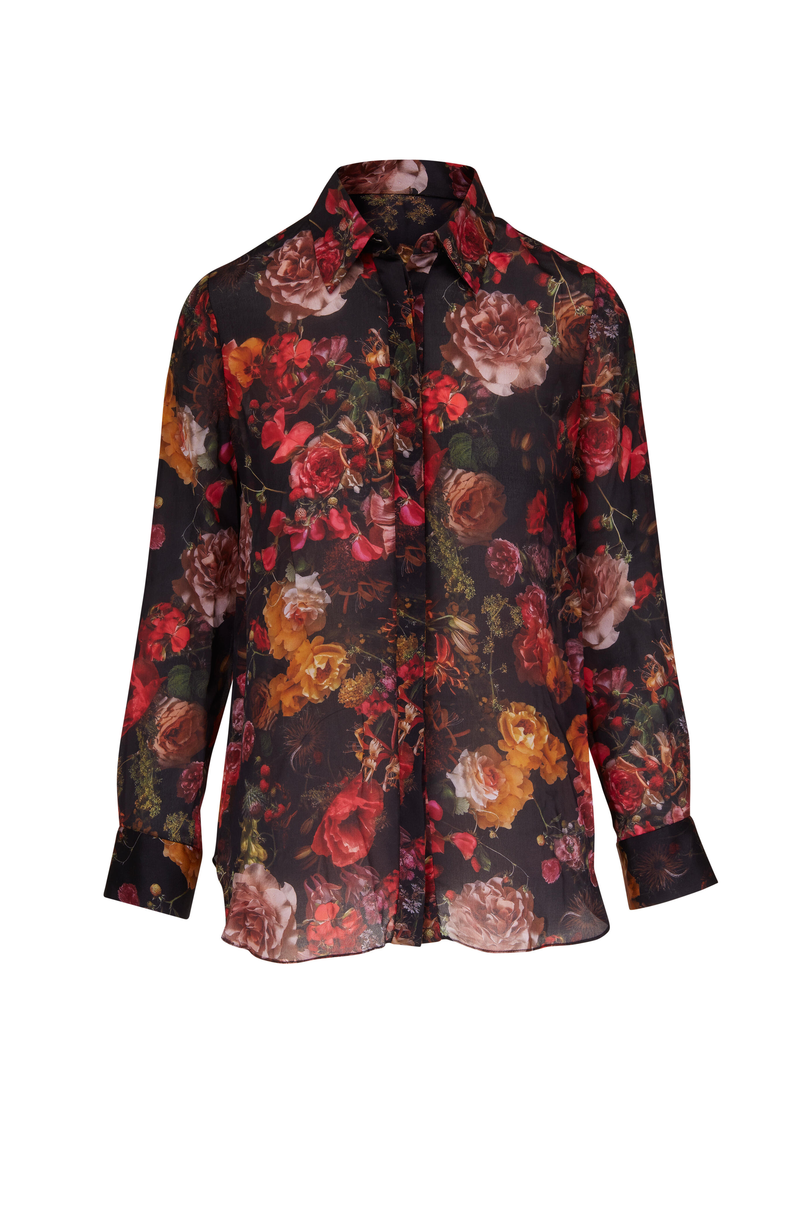 Adam Lippes - Black Multi Floral Silk Chiffon Shirt