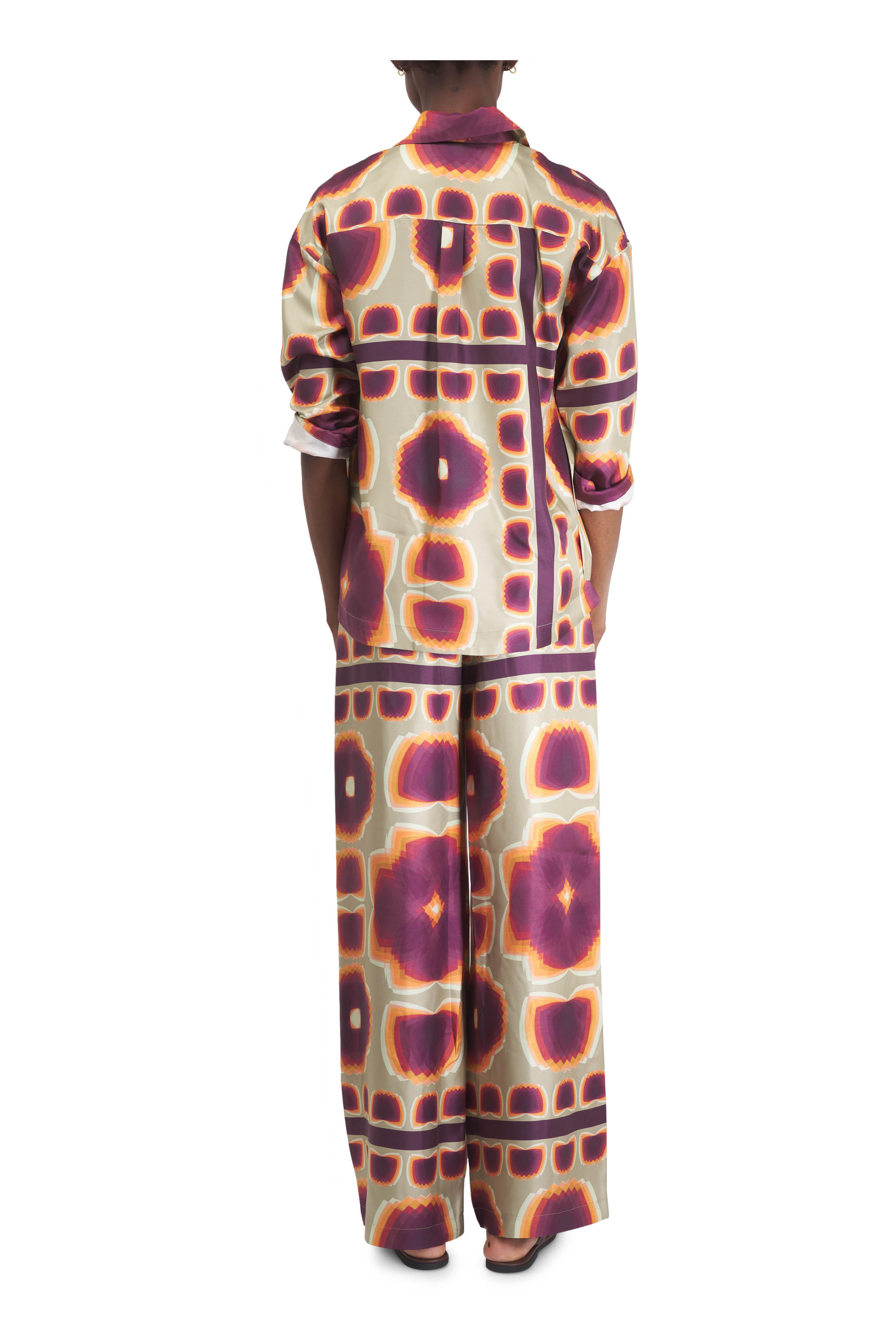 Odeeh - Mirror Pansies Green & Purple Silk Print Pant