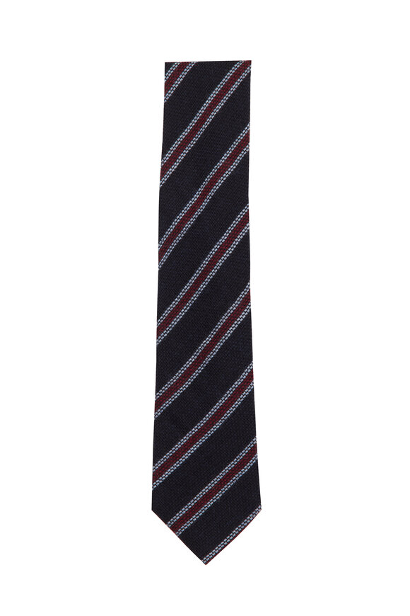 Cesare Attolini Navy Blue Stripe Wool Necktie - view 1