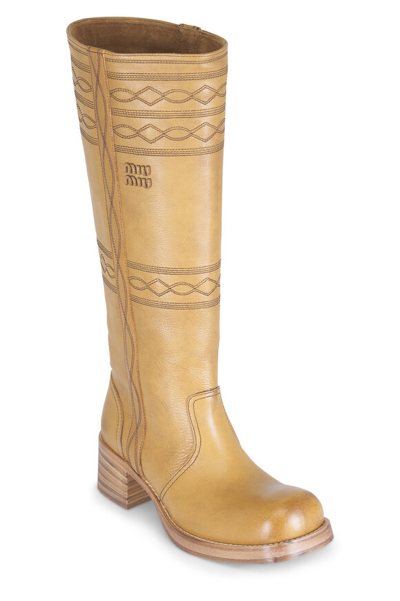 Miu Miu Light Tan Embroidered Leather Boot, 50mm - view 1