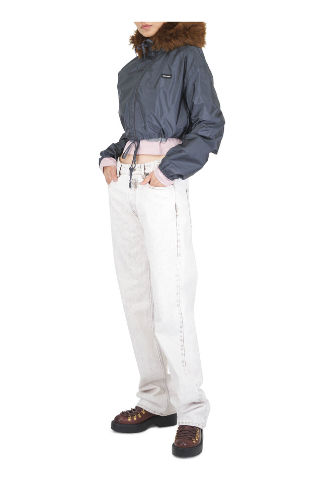 Miu Miu outfit featuring Bleached White Five Pocket Jean, Gray & Begonia Pink Cotton Long Sleeve Jersey Top and 2 other pieces