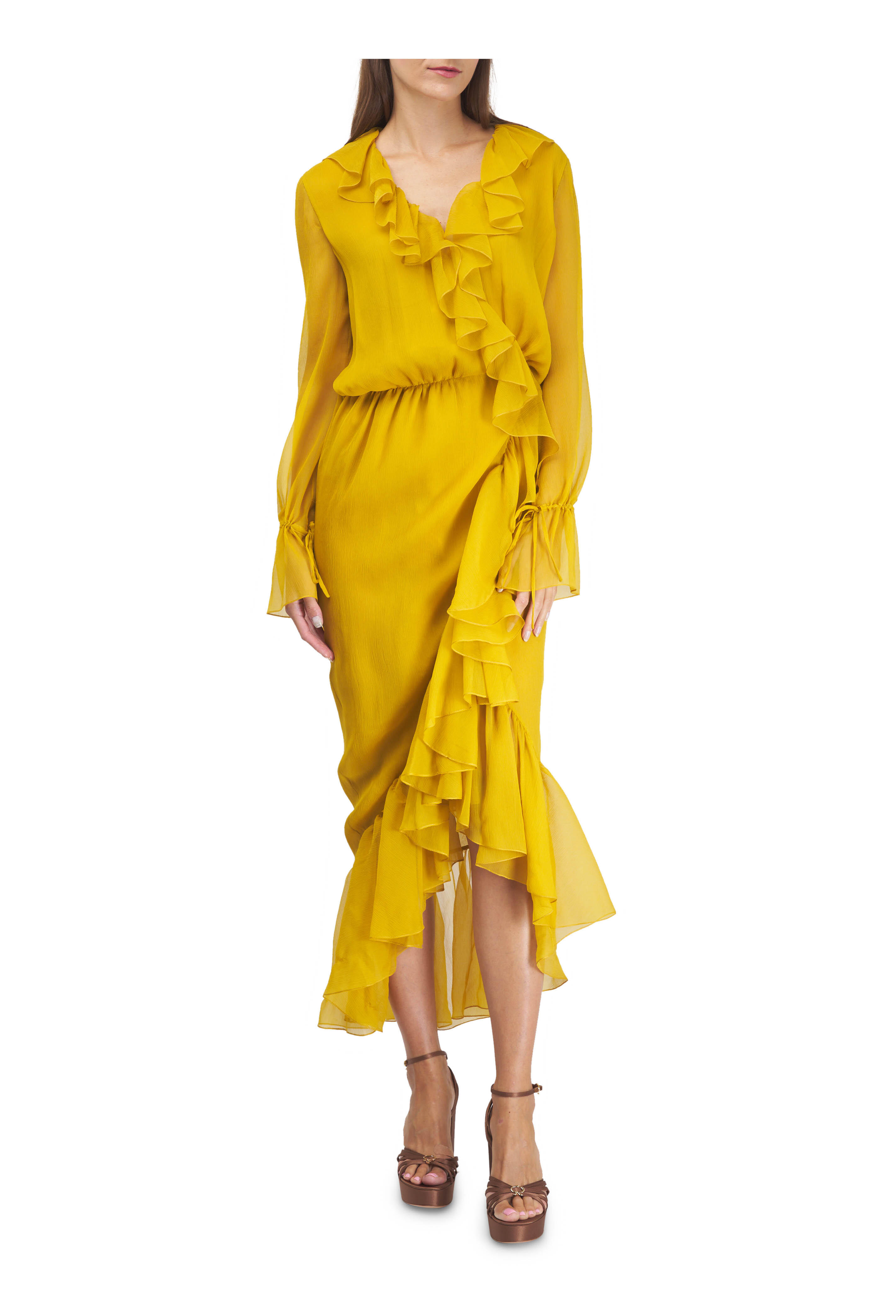 Saint Laurent - Yellow Ruffle Silk Wrap Dress