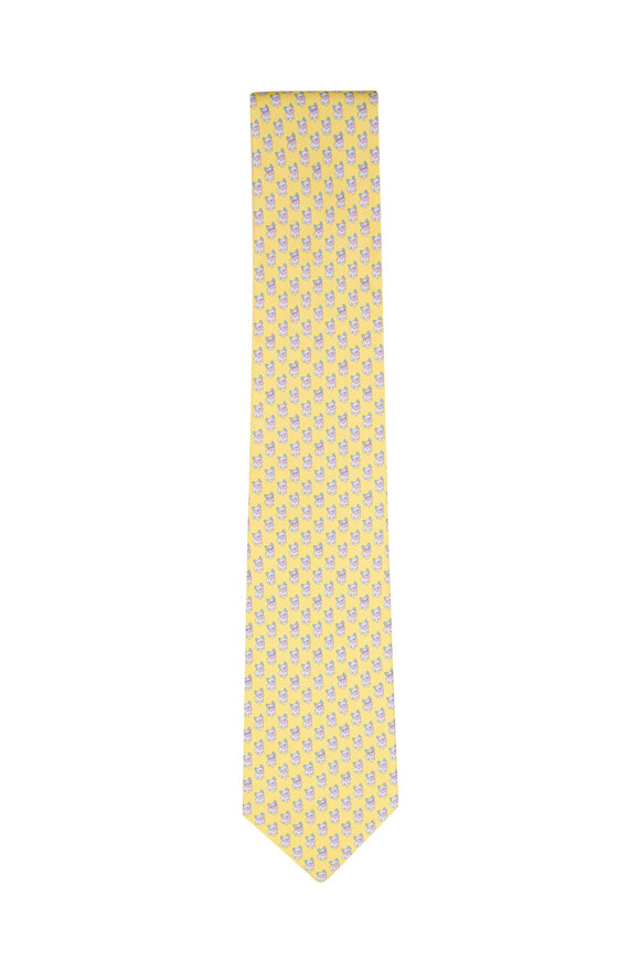 Ferragamo Yellow Bulldog Print Silk Necktie