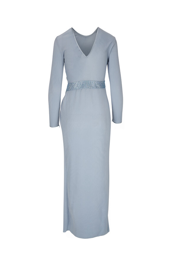 Giorgio Armani - Light Blue Plissé Jersey & Beaded Hip Detail Gown 