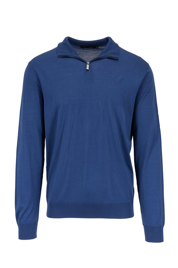 Zegna - Blue Wool Quarter-Zip Pullover