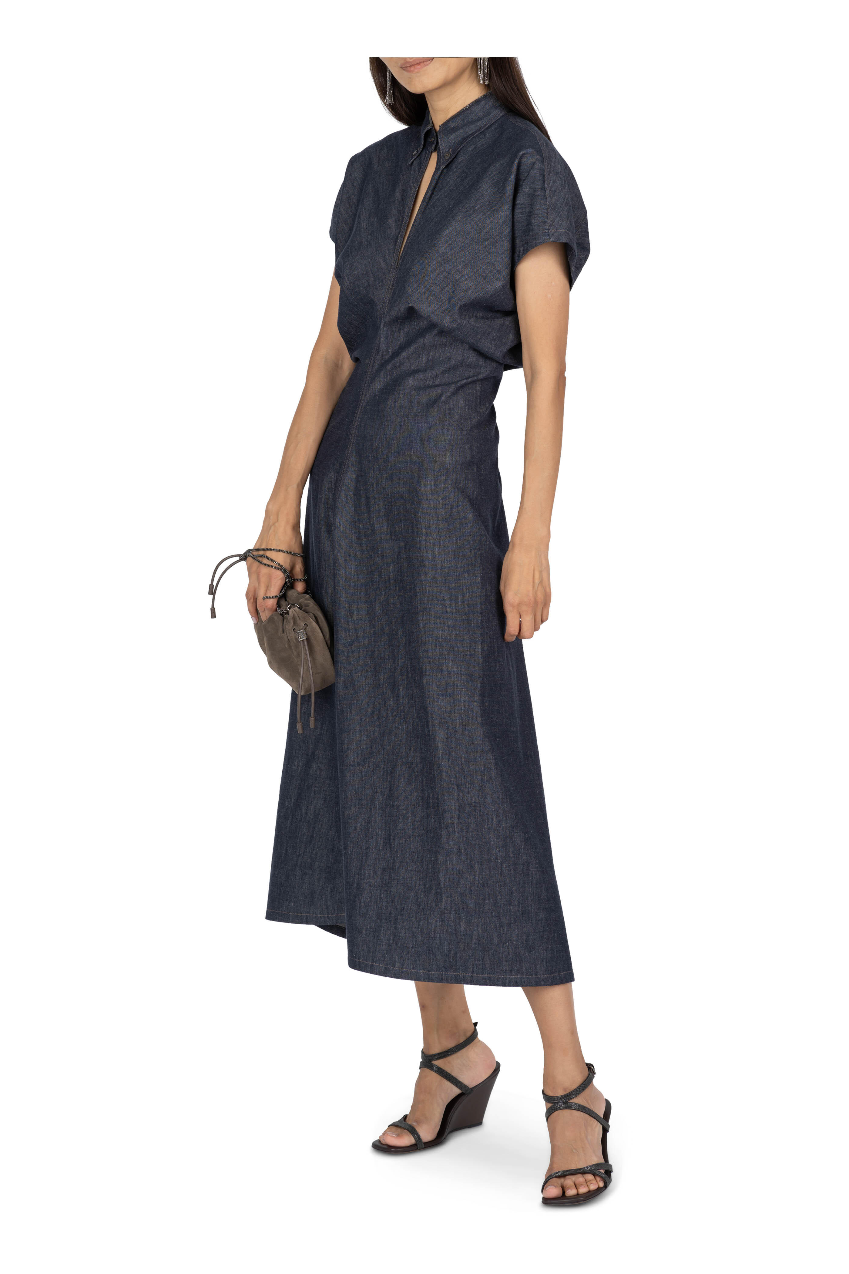 【関税込み】BRUNELLO CUCINELLI Denim dress Brunello Cucinelli Denim Belted Midi Dress With Monili