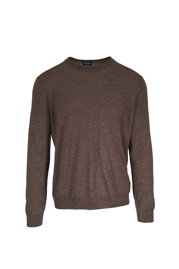 Zegna Brown Silk, Cashmere & Linen Crewneck Sweater