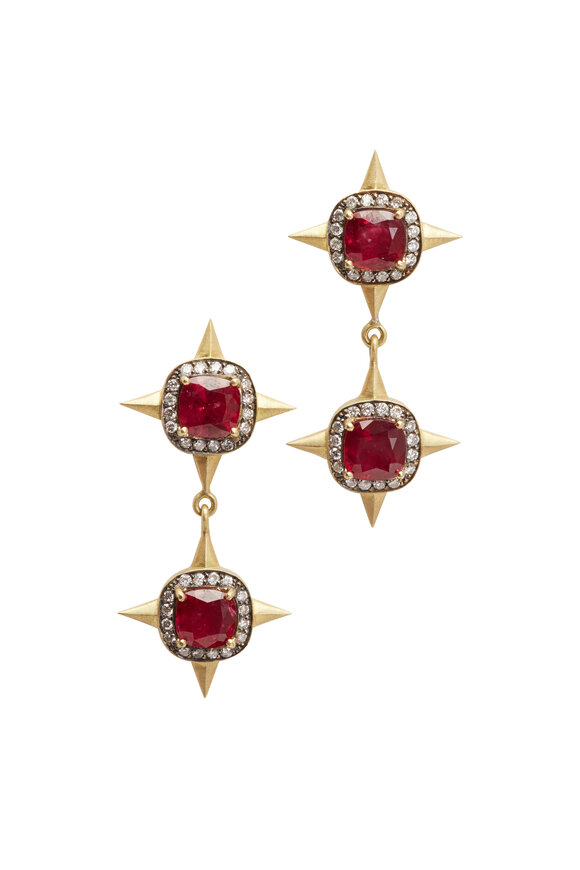 Sylva & Cie - Yellow Gold African Ruby Diamond Drop Earrings