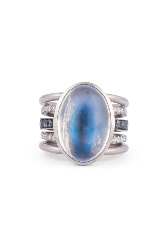 Sylva & Cie Platinum 5 Shank Moonstone Sapphire & Diamond Ring