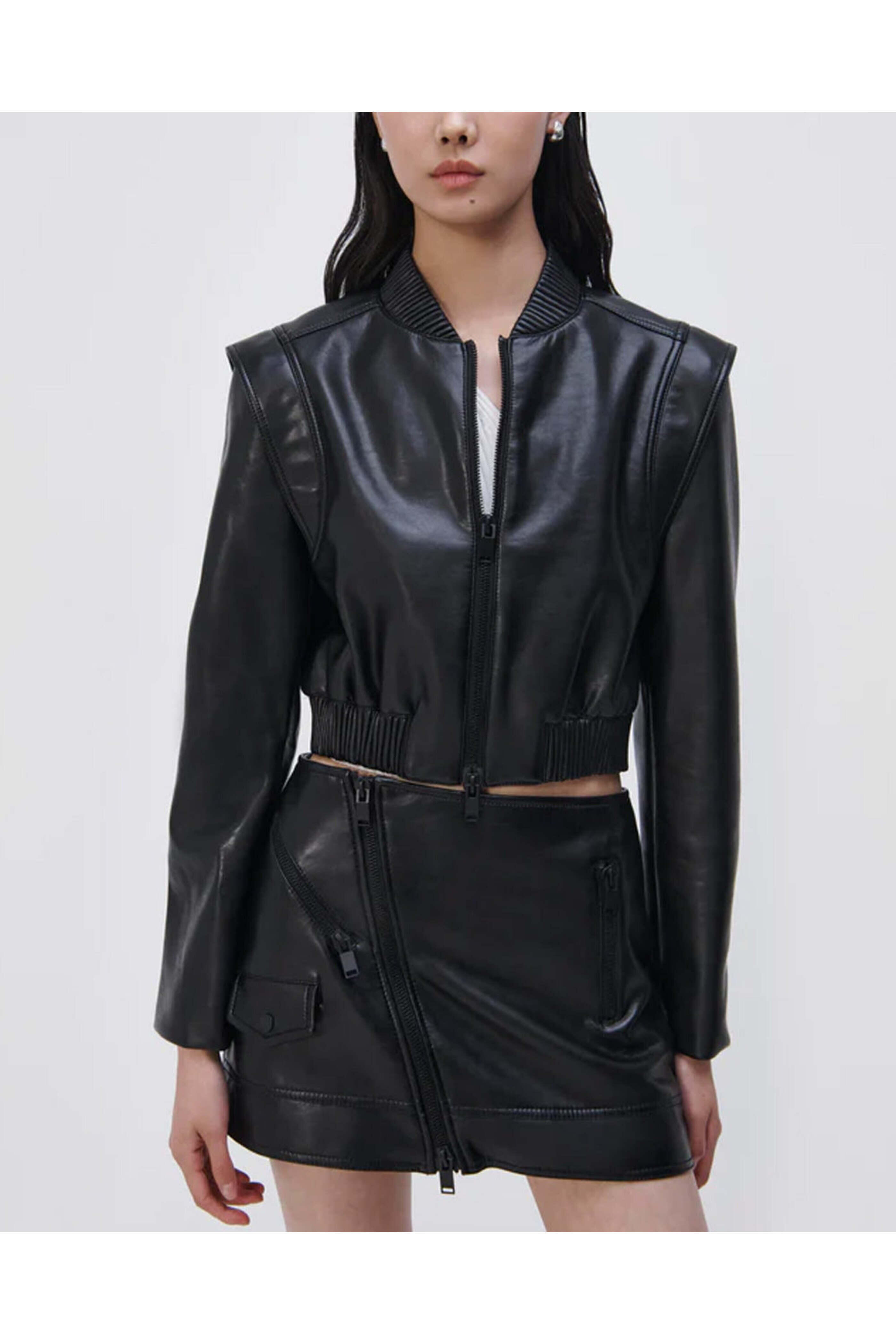 Simkhai - Black Vegan Leather Doreen Boxy Bomber Jacket
