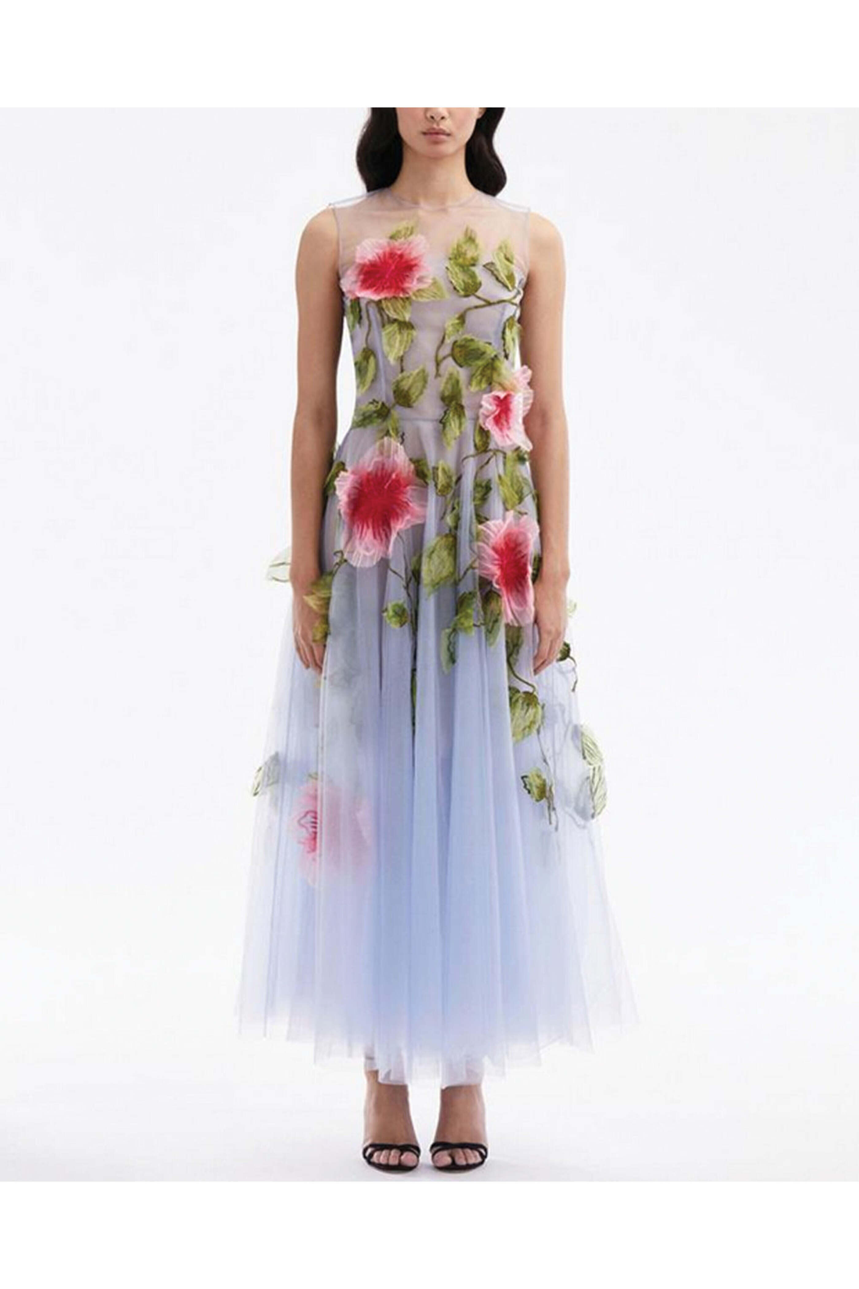 Oscar de la Renta - Blue and Pink Hibiscus Embellished Organza Gown