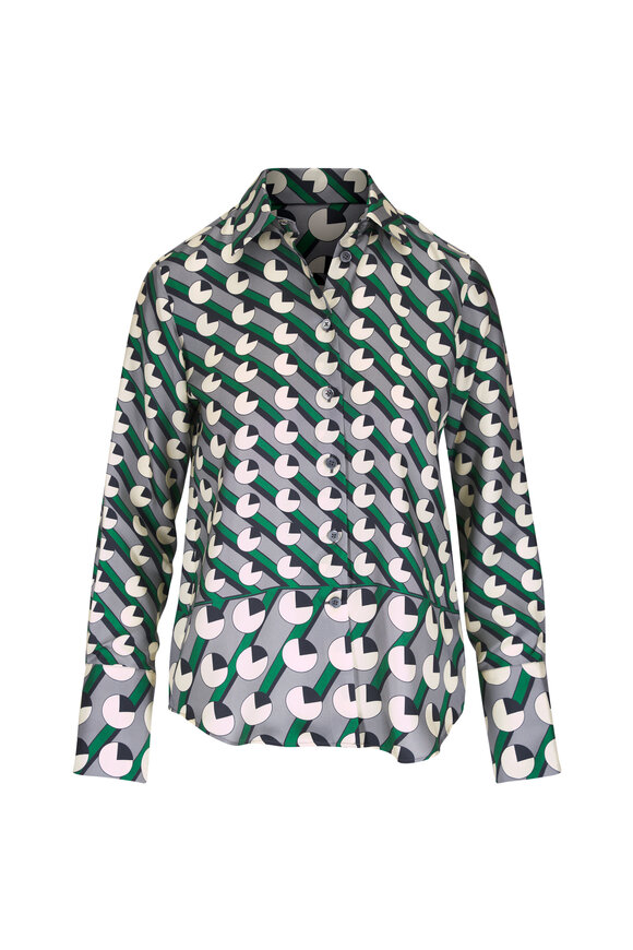 Odeeh Dark Emerald Crescent & Line Print Silk Blouse - view 1
