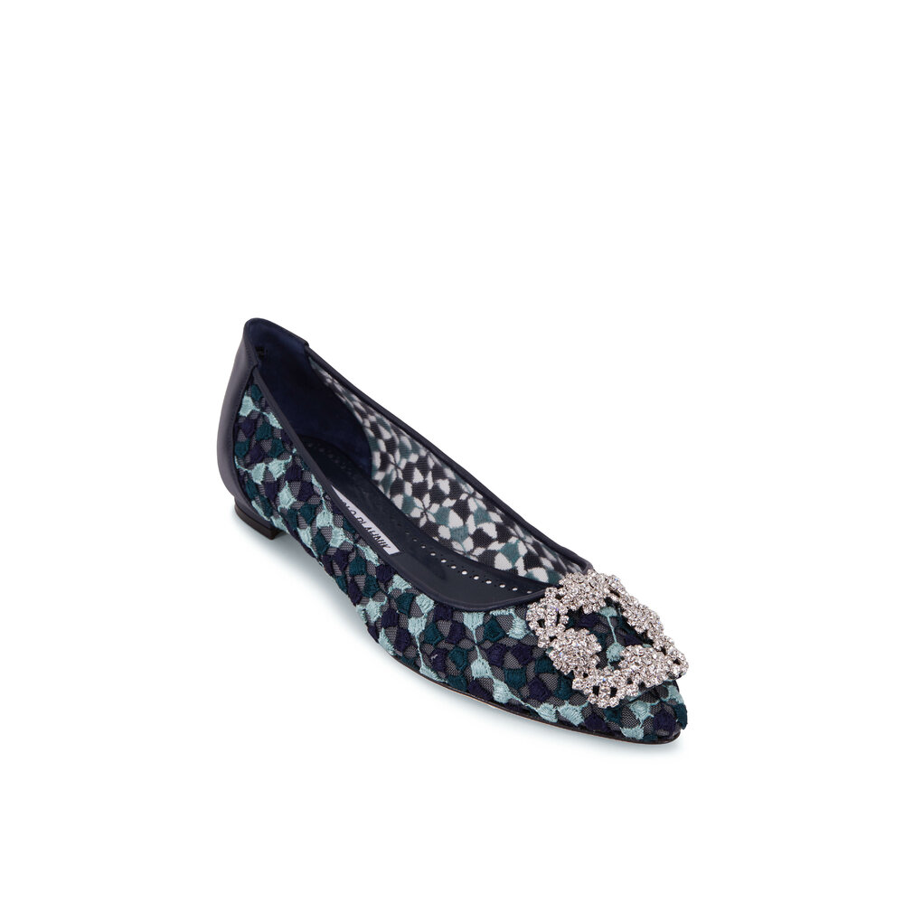 Manolo Blahnik - Hangisiflat Navy & Blue Lace Jewel Buckle Flat