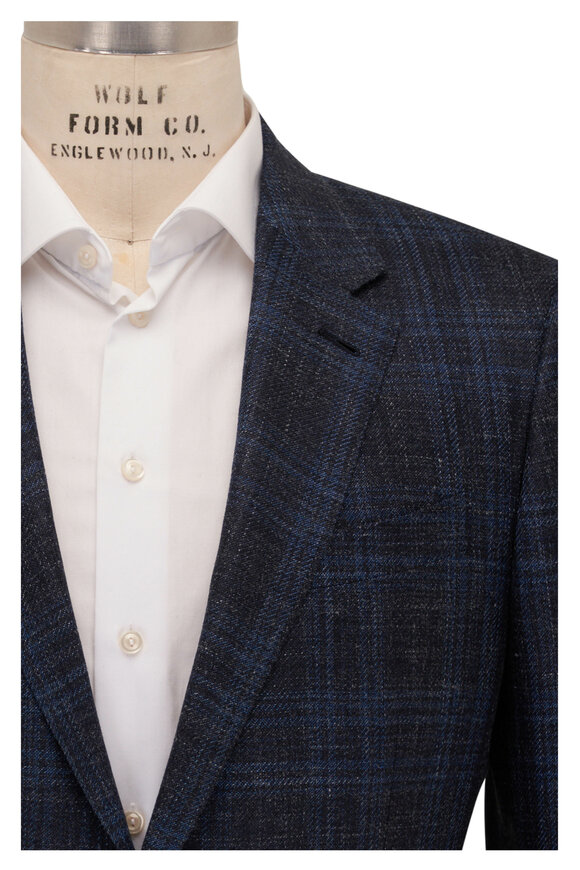 Zegna Navy Plaid Wool, Silk & Linen Sportcoat 