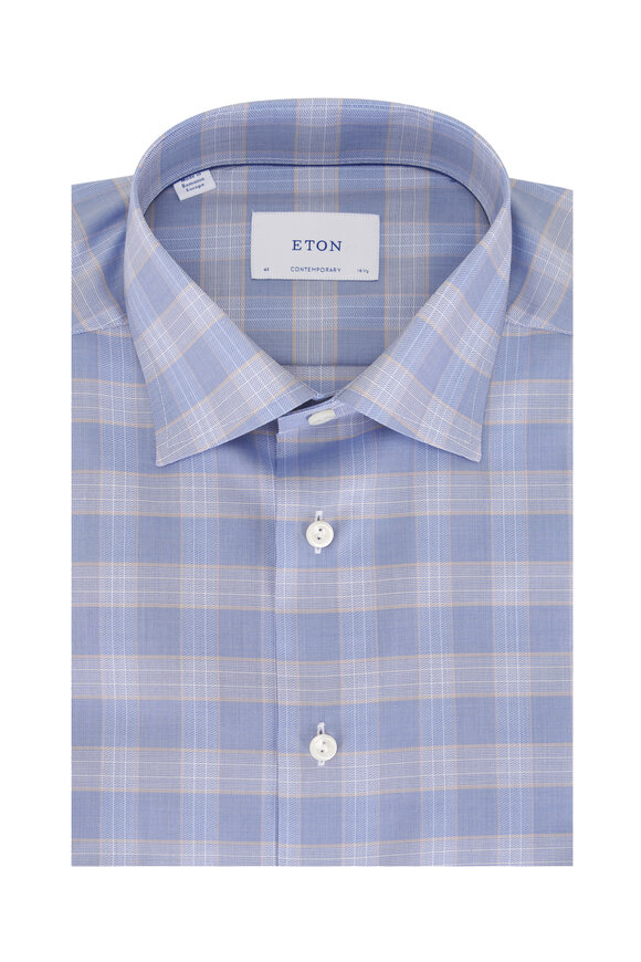 Eton Light Blue & Beige Check Cotton Dress Shirt