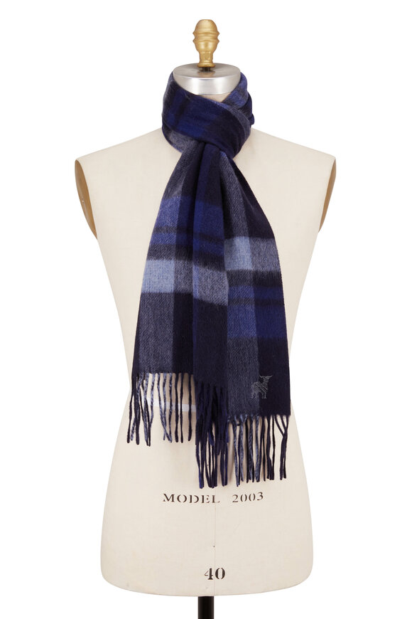 Raffi - Navy Blue Plaid Wool Fringe Scarf