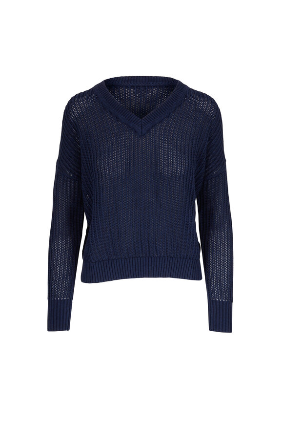 Kinross - Navy Open Stitch V-Neck Sweater