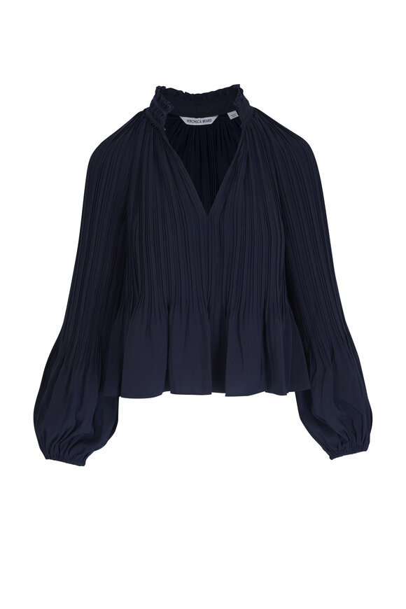 Veronica Beard Walker Navy Pleated Top