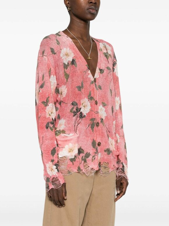 R13 - Boyfriend Pink Floral Distressed Linen Cardigan 