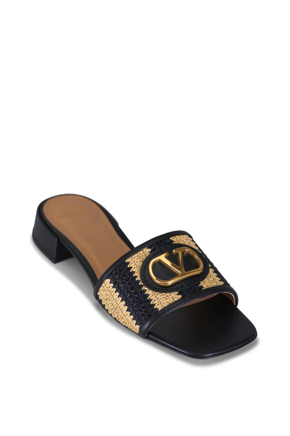 Valentino Garavani Natural & Black Stripe V Logo Raffia Slide