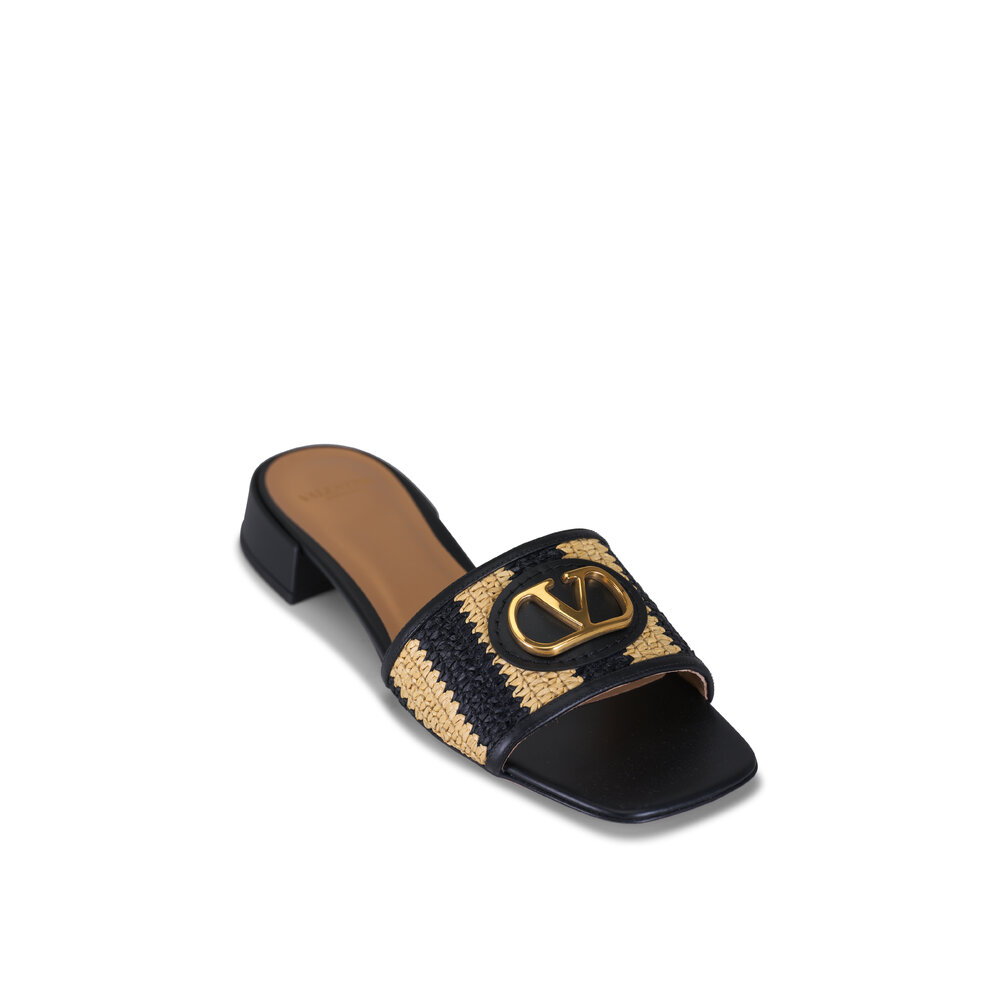 Valentino Garavani - Natural & Black Stripe V Logo Raffia Slide