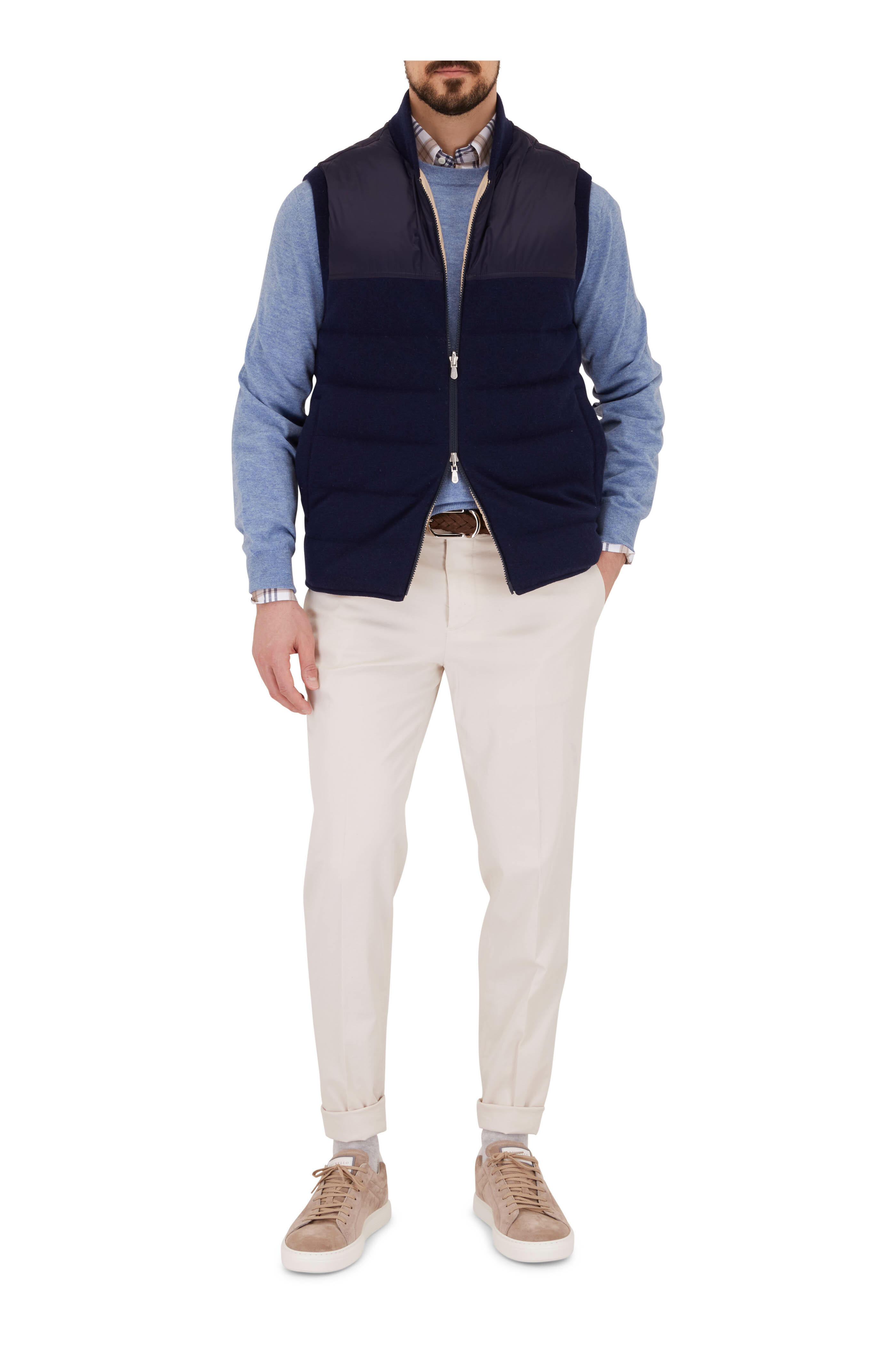 スウェット・トレーナー BRUNELLO CUCINELLI BLUE VEST Brunello Cucinelli - Blue Pinstripe Suede Vest | Mitchell Stores