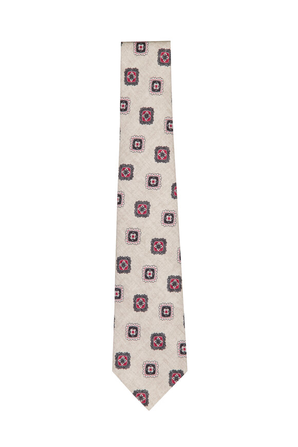 Kiton Taupe Geometric Silk Necktie - view 1