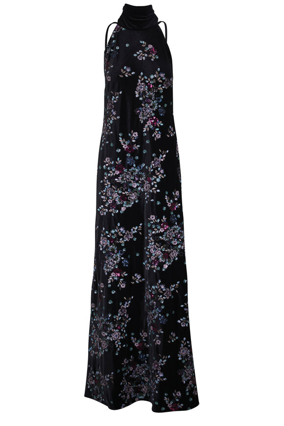 Talbot Runhof Black Velvet & Sequin Bloom Evening Gown - view 1