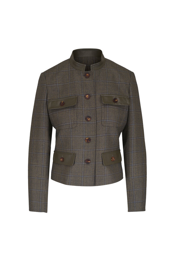 Lafayette 148 New York Olive Green Glen Plaid & Leather Cropped Jacket - view 1