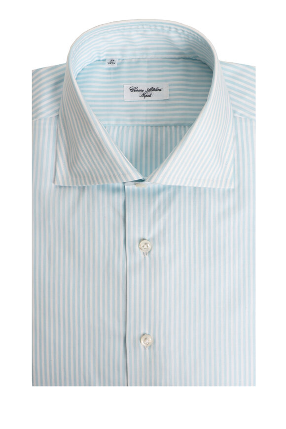 Cesare Attolini White & Baby Blue Cotton Stripe Sport Shirt - view 1