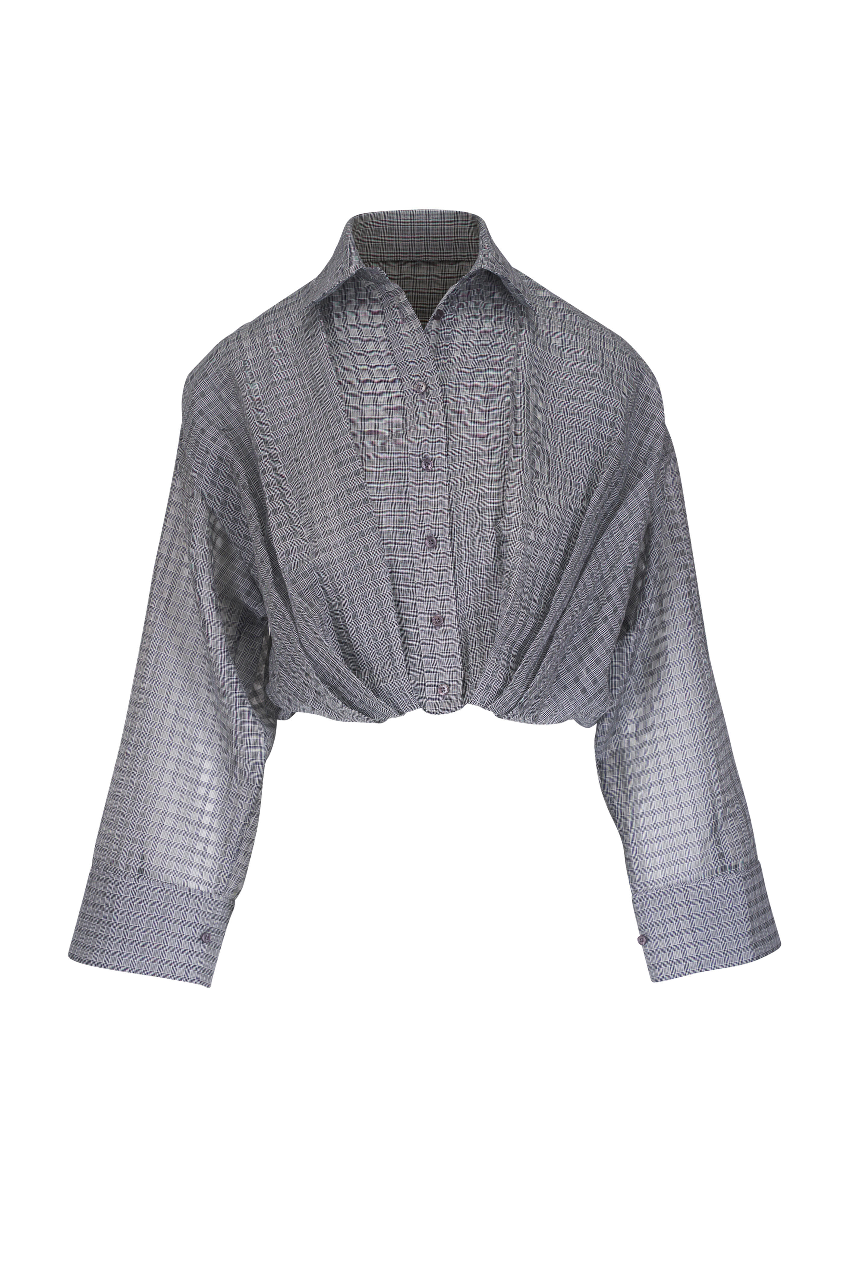 Akris - Ecru & Black Plaid Cotton & Silk Cropped Blouse