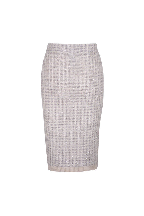 D.Exterior - Cream & Gray Check Sequin Knit Midi Pencil Skirt