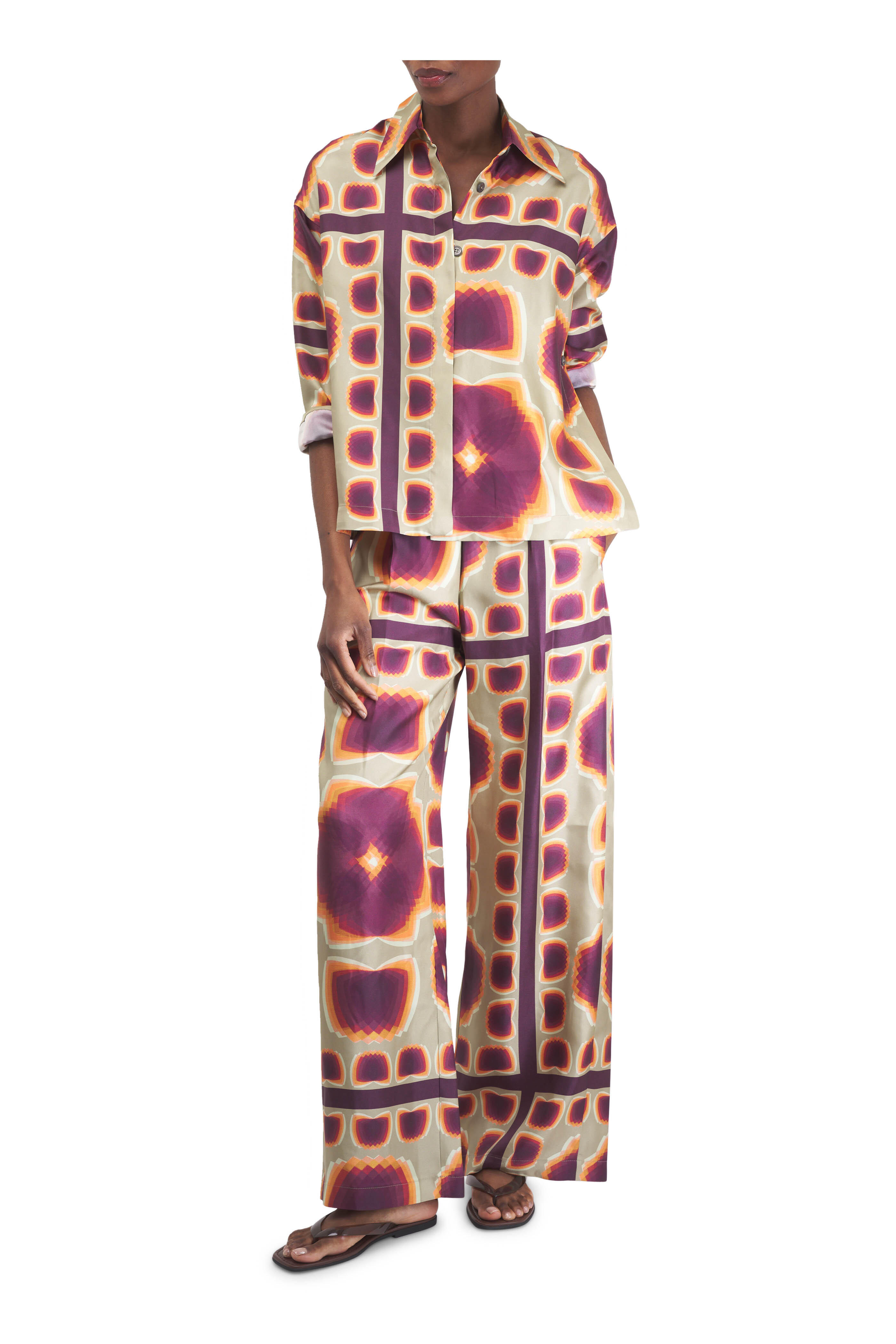 Odeeh - Mirror Pansies Green & Purple Silk Print Pant