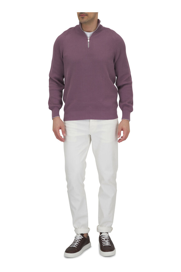 Brunello Cucinelli - Purple Ribbed Cotton Quarter Zip Pullover
