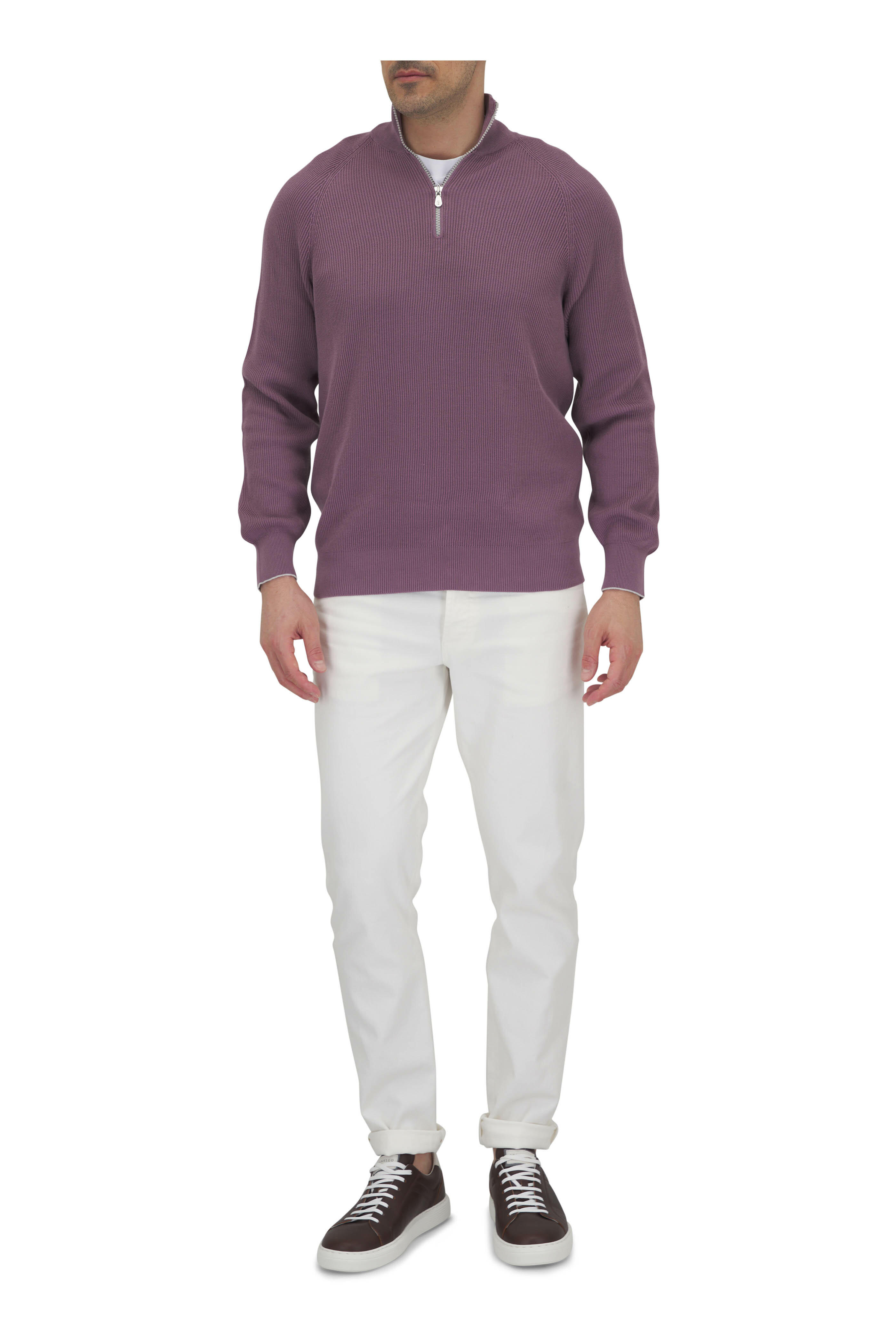 レビュー高評価の商品!の商品をすべて Brunello Cucinelli - Purple Ribbed Cotton Quarter Zip Pullover トップス