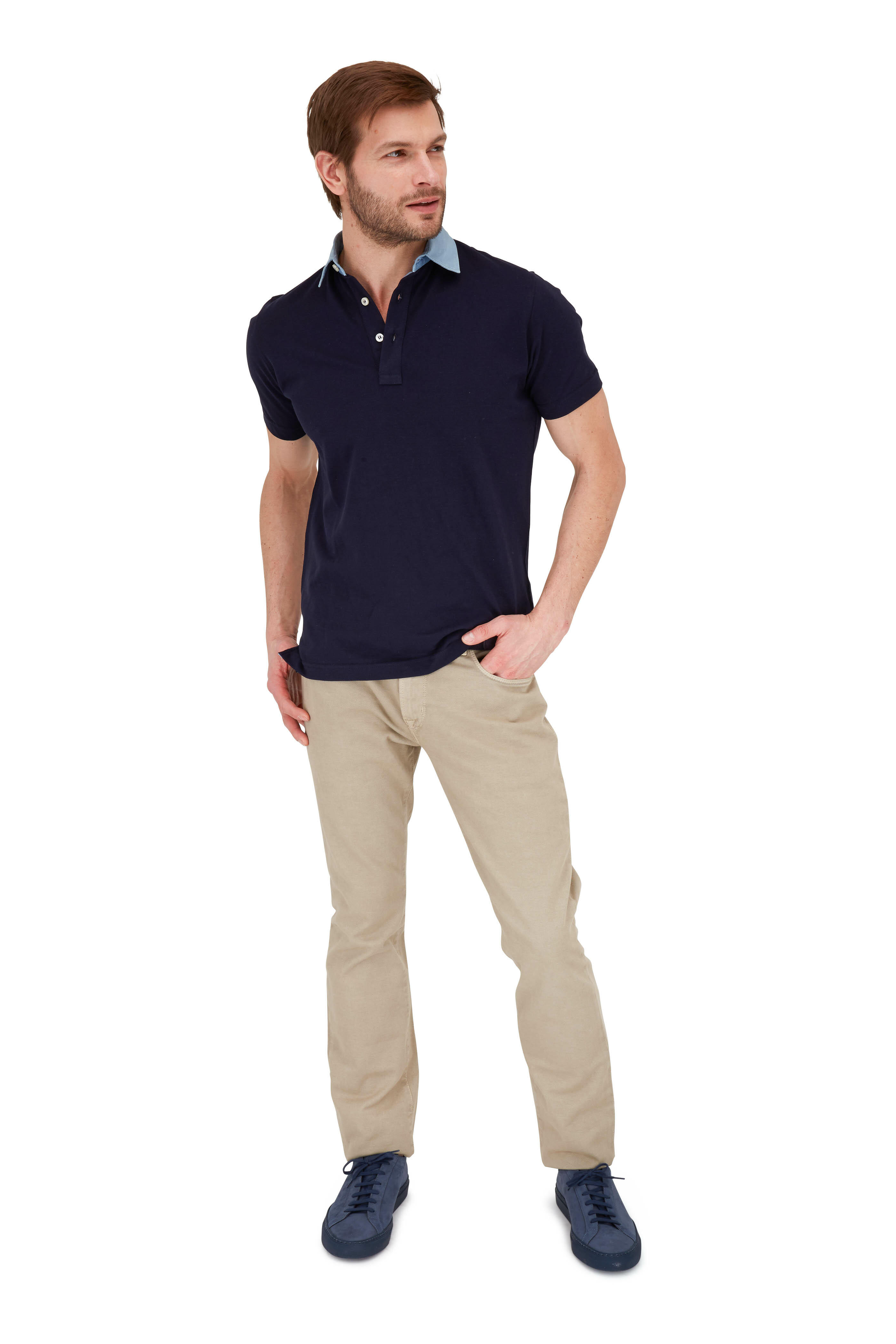 Eddy Monetti - Navy Blue Contrast Denim Collar Polo
