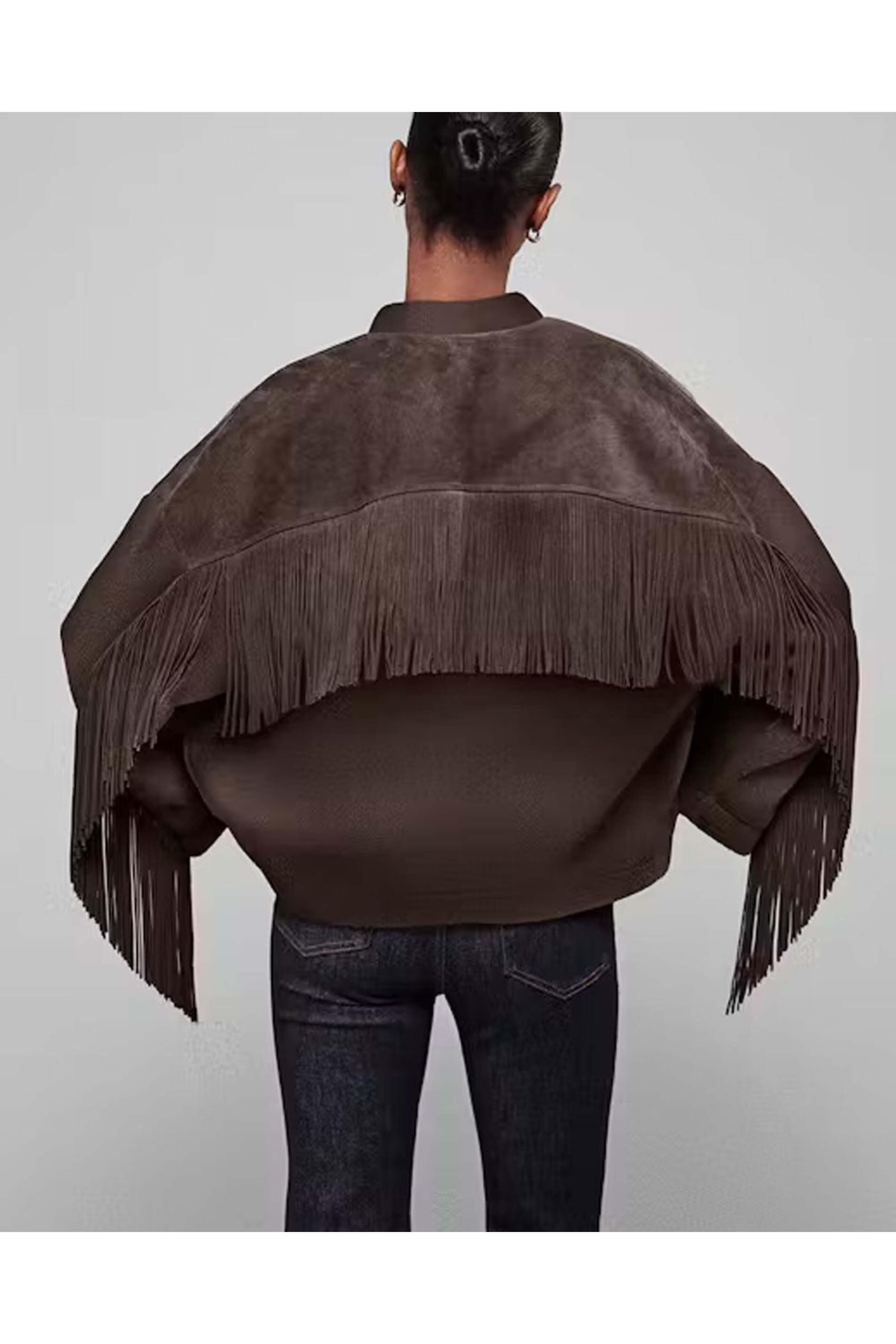 【ハンドメイド】タッセルジャケット Frame - Chocolate Brown Mix Suede Fringe Coat | Mitchell Stores