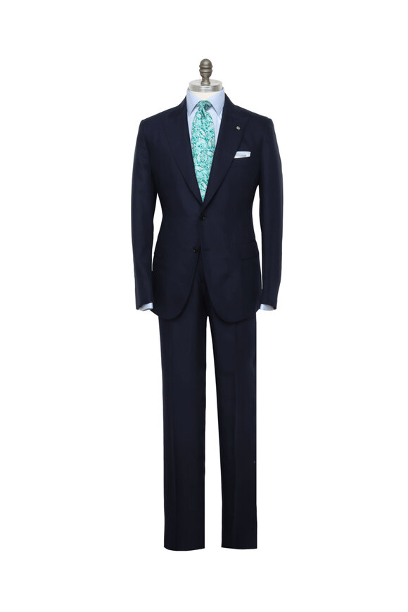 Belvest Navy Blue Silk Shantung Suit