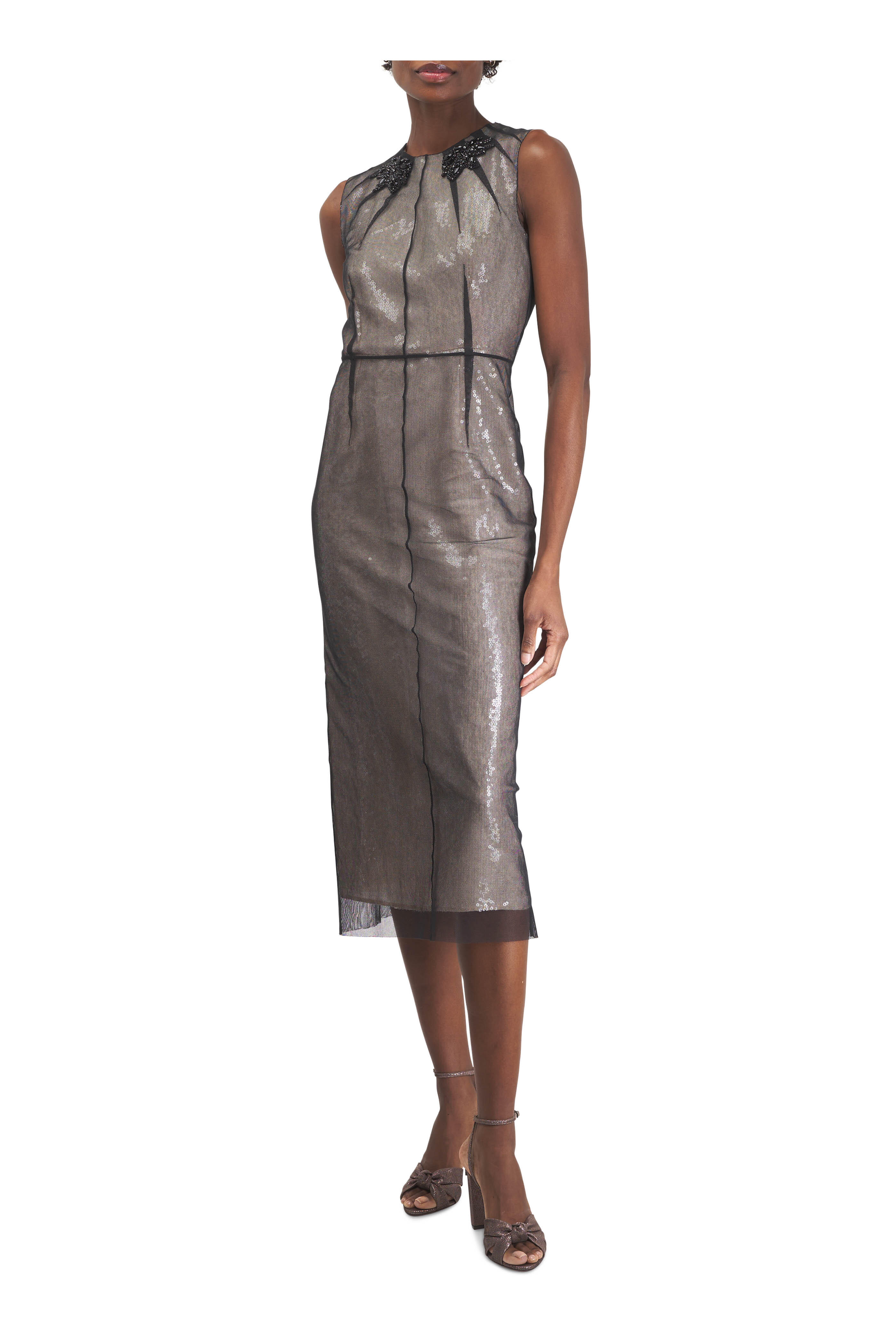 Erdem - Black & Gold Sequin Pencil Midi Dress