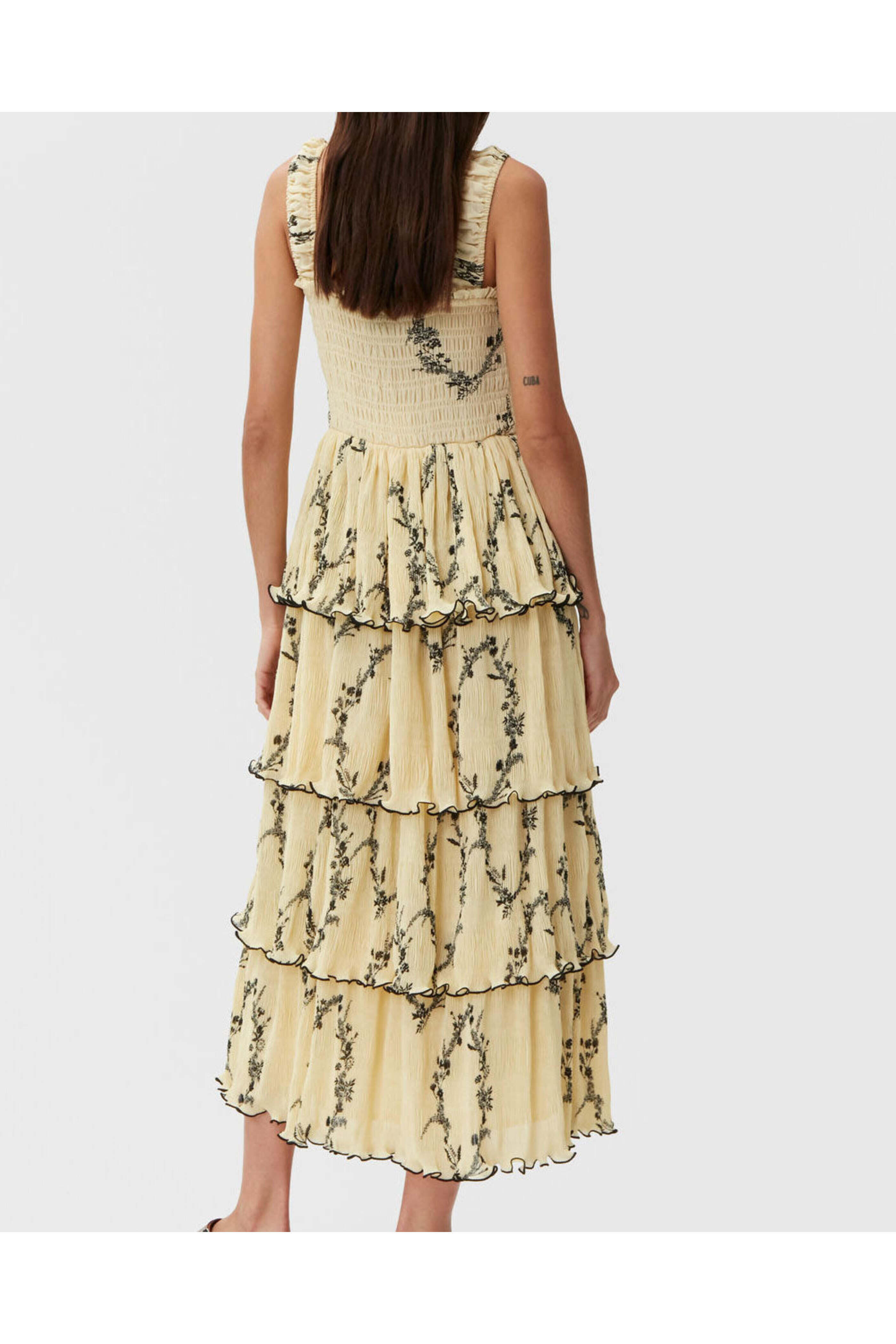 Ganni - Pale Yellow Floral Pleated Georgette Midi Dress