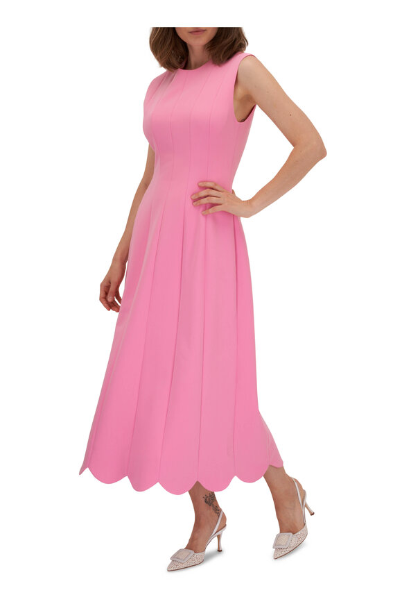 Lela Rose - Peony Pink Stretch Twill Scallop Hem Midi Dress