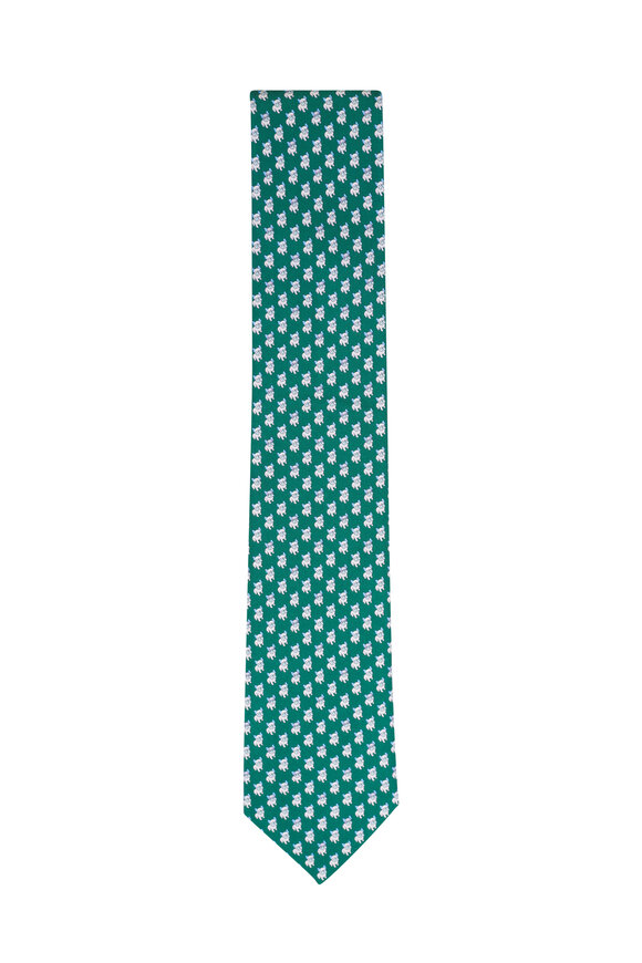 Ferragamo Green Bulldog Print Silk Necktie