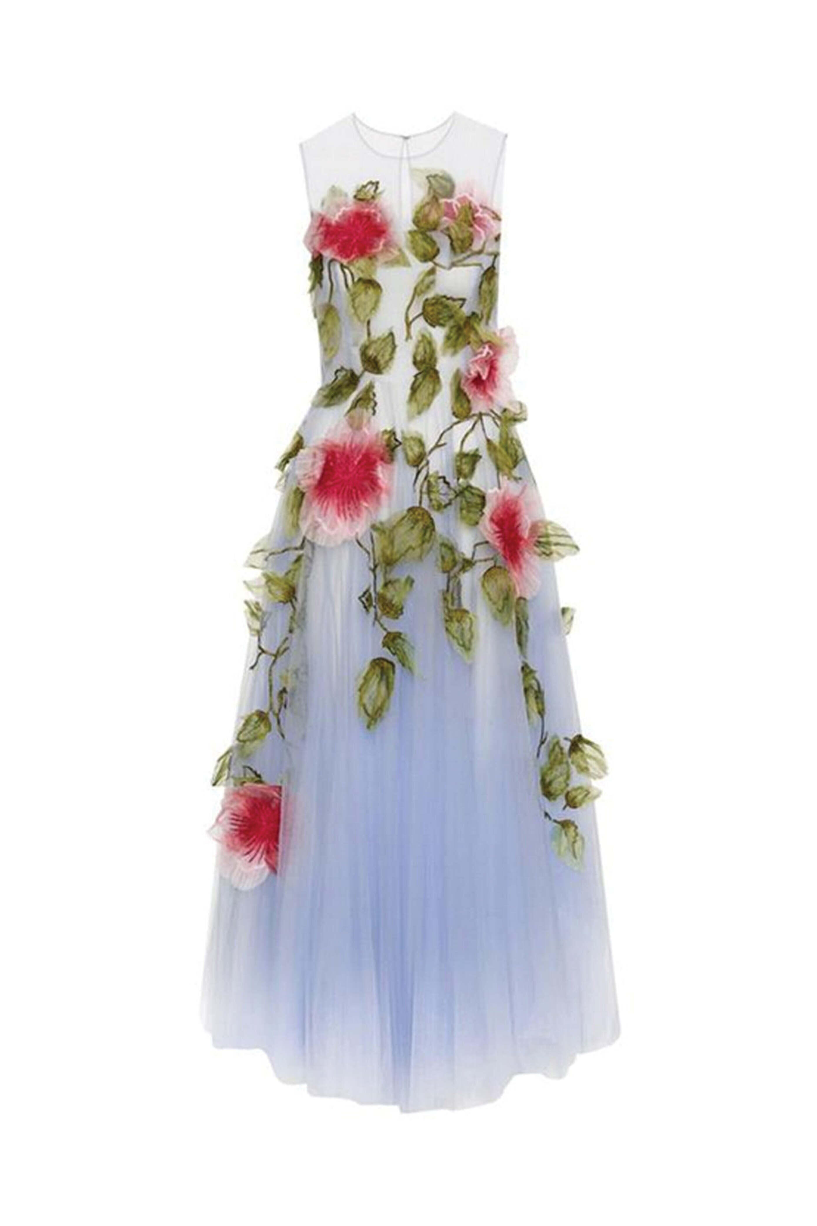 Oscar de la Renta - Blue and Pink Hibiscus Embellished Organza Gown