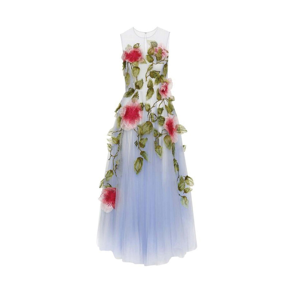 Oscar de la Renta Blue and Pink Hibiscus Embellished Organza