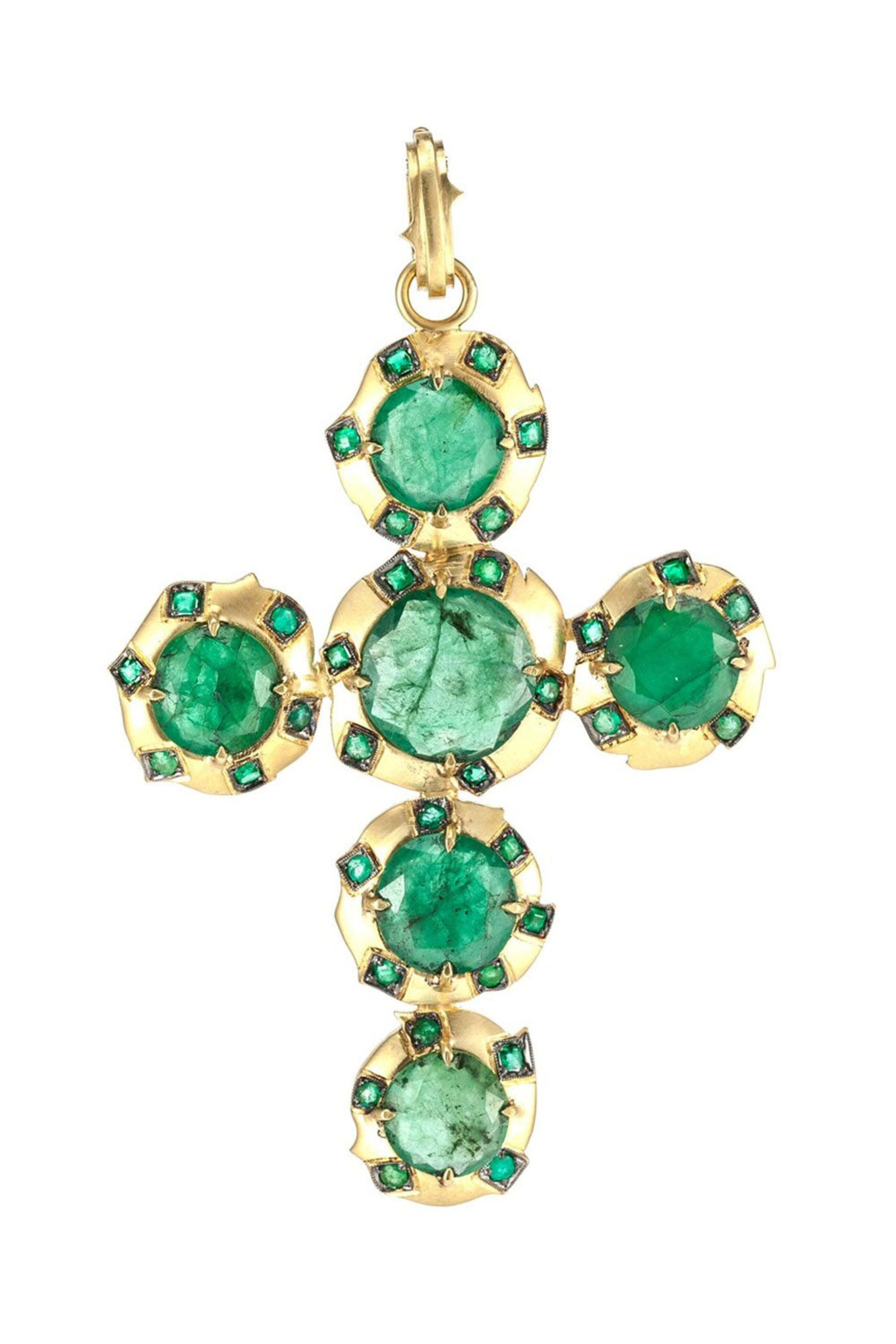 Sylva & Cie - Yellow Gold Brazilian Emerald Cross Pendant