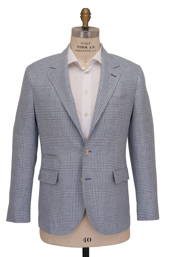 Brunello Cucinelli - Light Blue Plaid Linen, Wool & Silk Sportcoat 