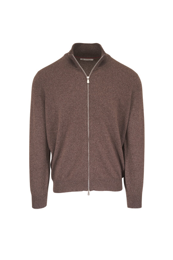 Brunello Cucinelli Brown Mouline Cashmere Full Zip Cardigan - view 1